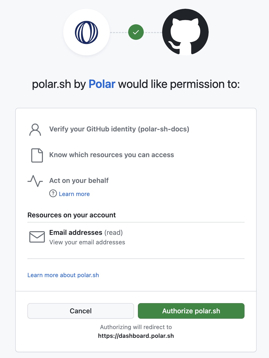 Screenshot of GitHub OAuth with Polar