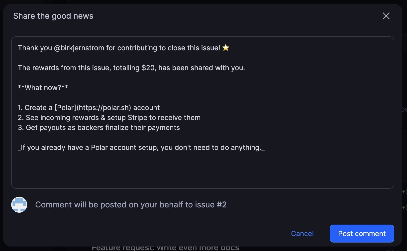 Polar Issue Reward Comment